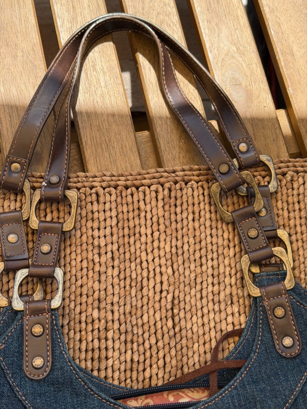 Guess Brown Braided Straw Shoulder Bag with Dark Brown Leather Straps